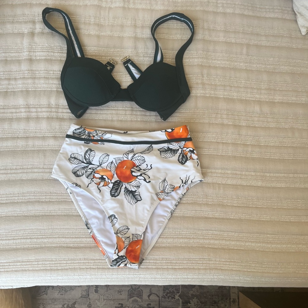 Green Bikini Top and Floral High-Waisted Bottoms